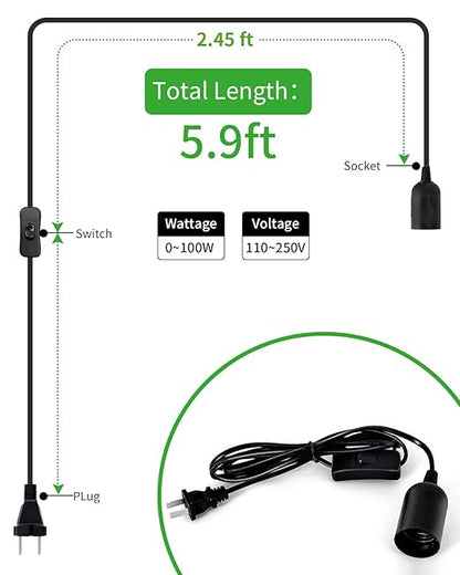Extension Hanging Lantern Cord Cable, HESSION 5.9ft Lamp Cord -MAX 360W - On/Off Switch E26/E27 Black Pendant Lighting with Plug-in Cord 3-Pack