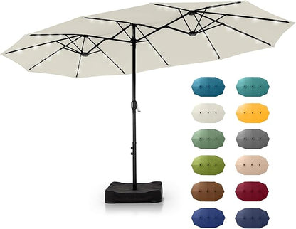 GREEN PARTY 15 ft Rectangle Patio Umbrella with Solar Lights and Base Included, Double-Sided Market Table Umbrella with Crank, Large Outdoor Umbrellas for Patio Poolside Garden Backyard, Ivory