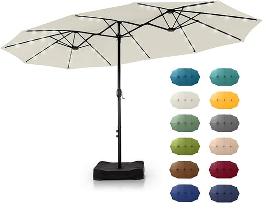 GREEN PARTY 15 ft Rectangle Patio Umbrella with Solar Lights and Base Included, Double-Sided Market Table Umbrella with Crank, Large Outdoor Umbrellas for Patio Poolside Garden Backyard, Ivory