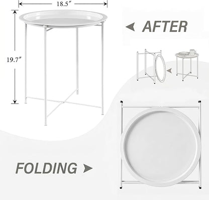 VECELO Side/End Table, Folding Round Metal Anti-Rust and Waterproof Outdoor or Indoor Tray for Living Room Bedroom Balcony and Office, 1 PCS, Beige