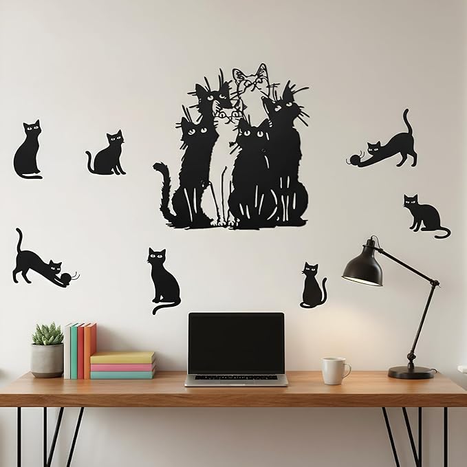 Tandefio Cat Metal Wall Art Black Cat Silhouette Wall Decor 11.42 x11.82 Metal Hanging Sign Christmas Kitten Lovers Gift for Home Indoor Outdoor Garden Office Room Decor