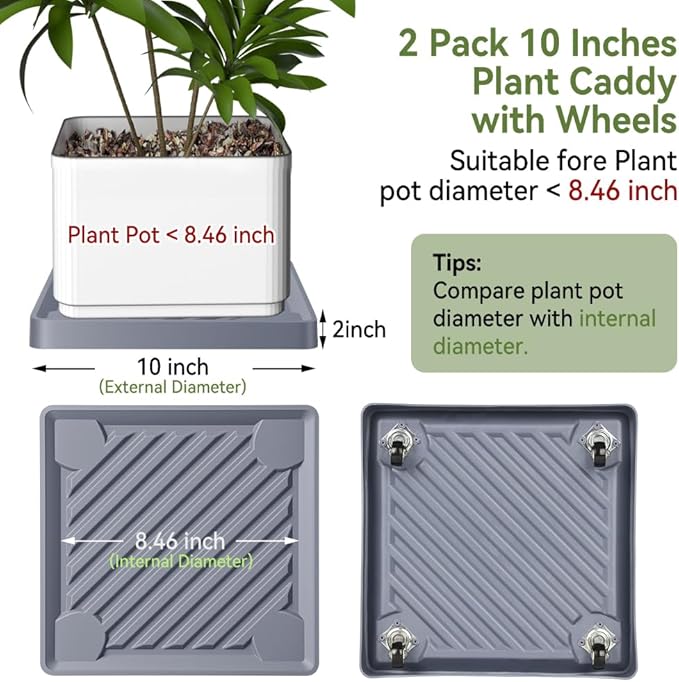 2 Pack-Square Plant Caddy with Hidden Wheels 10 Inch Heavy Duty Rolling Plant Stands Indoor Outdoor Plant Saucer Tray Dolly with $9.9 Garden Tools (Gray)