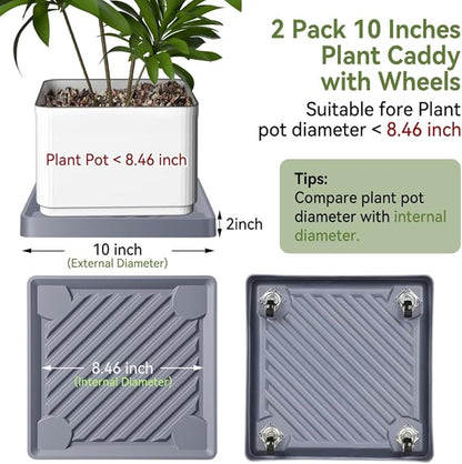 2 Pack-Square Plant Caddy with Hidden Wheels 10 Inch Heavy Duty Rolling Plant Stands Indoor Outdoor Plant Saucer Tray Dolly with $9.9 Garden Tools (Gray)