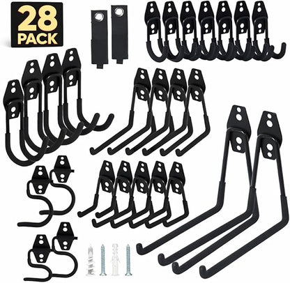 28 Pack Steel Heavy Duty Garage Hooks Storage Hooks with Anti-Slip Coating, Utility Garage Wall Mount Hanger and Organizer for Bikes, Ladder, Rope, Broom, Shovel and Garden Power Tools (28, Black)
