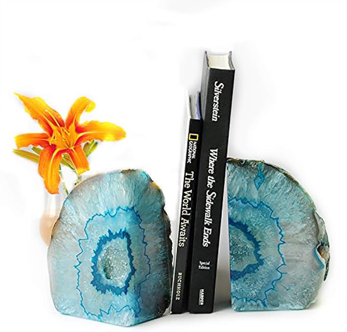 JIC Gem Book Ends Teal Agate Bookends for Shelves Decorative Geode Bookends to Hold Books Heavy Duty Home Decor with Rubber Bumpers(1 Pair, 4-6 LBS)