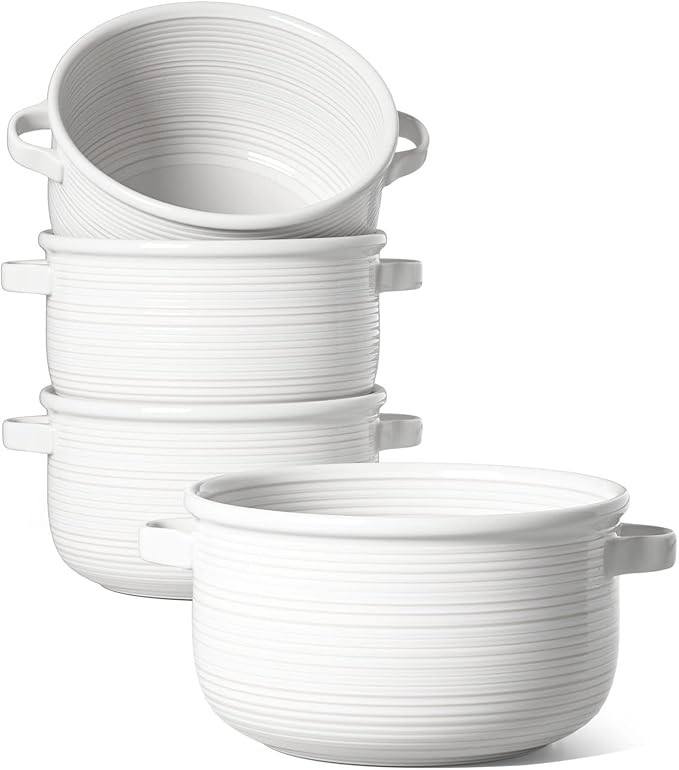 LE TAUCI French Onion Soup Bowls with Handles, 28 oz Large Oven Safe Ceramic Soup Crocks for Chilli, Beef Stew & Pot Pies, Stackable, Dishwasher Safe, Set of 4, White