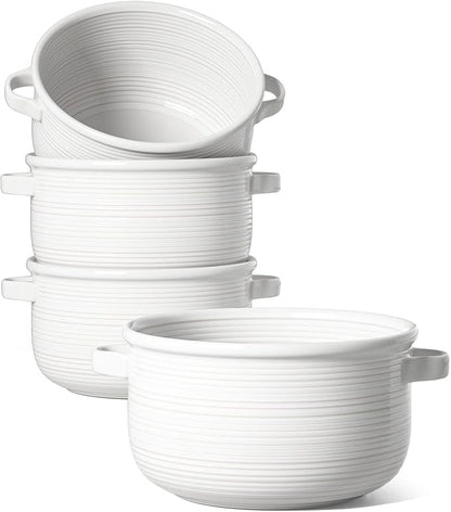 LE TAUCI French Onion Soup Bowls with Handles, 28 oz Large Oven Safe Ceramic Soup Crocks for Chilli, Beef Stew & Pot Pies, Stackable, Dishwasher Safe, Set of 4, White