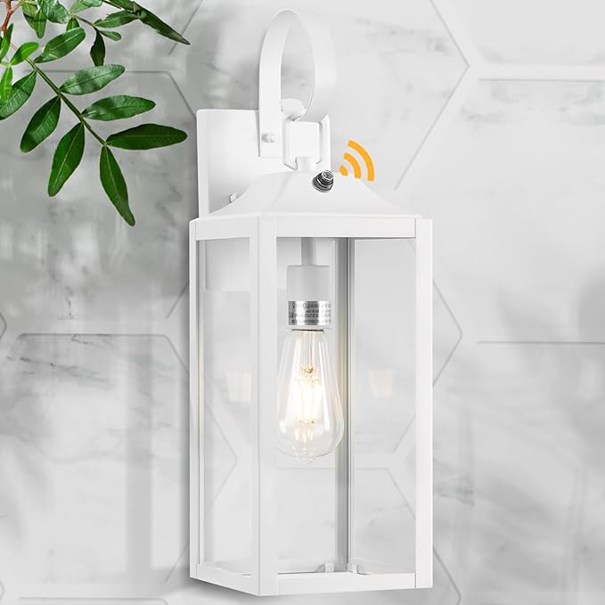 19" Large Dusk to Dawn Outdoor Wall Light, White Outside Farmhouse Wall Sconce, Industrial Wall Mount Light Fixture, Waterproof Modern Porch Lighting Exterior Lamp for House Garage
