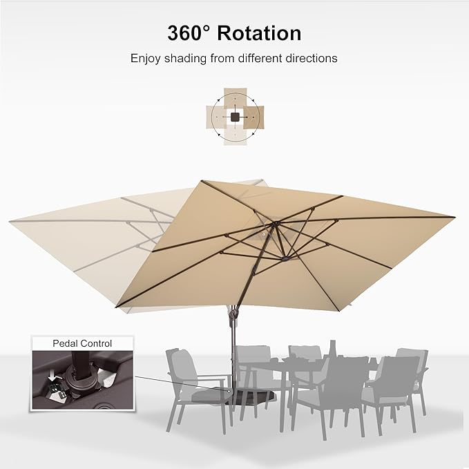 PURPLE LEAF 10' X 13' Patio Cantilever Umbrella Rectangle Umbrella Outdoor with Aluminum Offset Hanging and 360° Rotation for Pool Garden Deck Patio, Beige