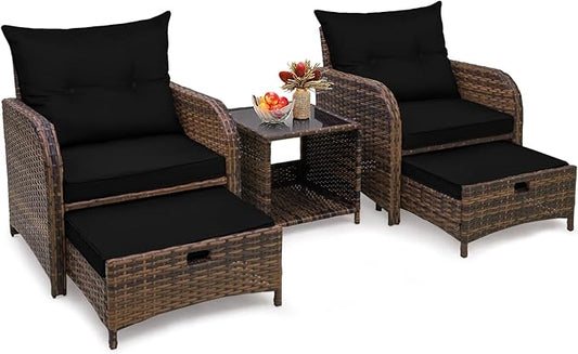 5 Pieces Wicker Outdoor Patio Chairs Set with Ottoman Patio Conversation Furniture Set with Ottoman Underneath All Weather Brown PE Rattan Balcony Furniture Set & End Table, Black Cushion