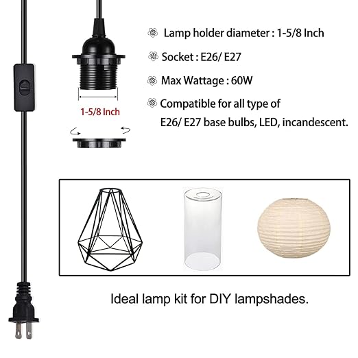HESSION 2-Pack 15 Feet Plug in Pendant Light, Black Extension Hanging Lantern Cord Cable with in-Line On/Off Switch, E26 E27 Socket