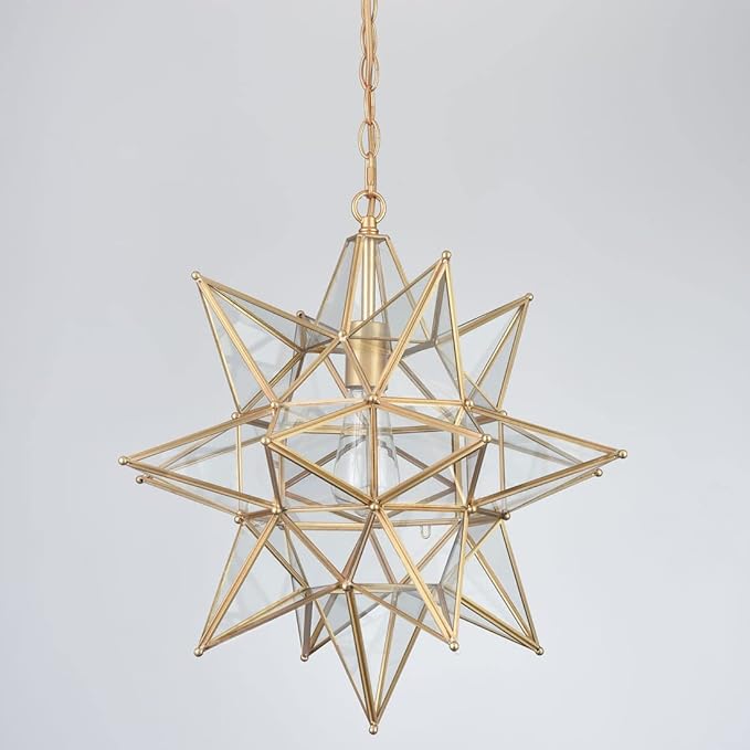 DIRYZON 20 Inch Gold Large Moravian Star Pendant Light Mid Century Clear Glass Hanging Pendant Light for Kitchen Bedroom Porch