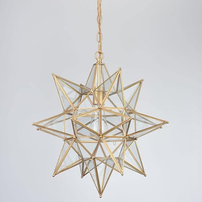 DIRYZON 20 Inch Gold Large Moravian Star Pendant Light Mid Century Clear Glass Hanging Pendant Light for Kitchen Bedroom Porch