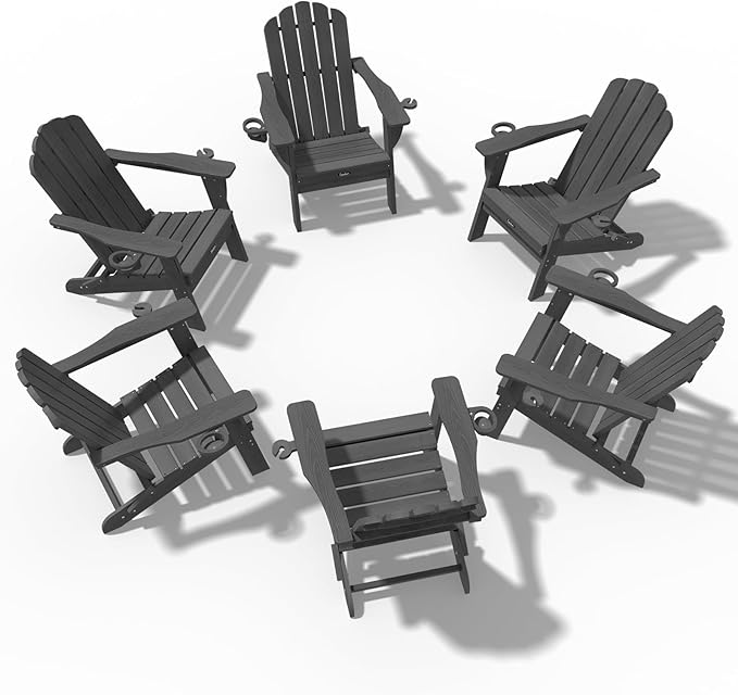 Adirondack Chairs Set of 6, Fire Pit Chairs, Wood Texture Patio Chairs with 2 Cup Holder, Outdoor Lawn Chair, Grey