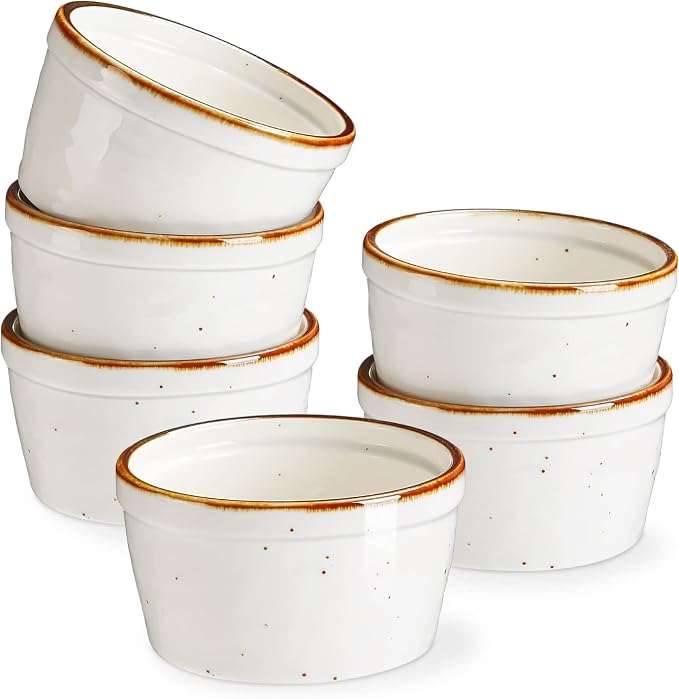 ONEMORE Ramekins 6 oz Oven Safe, Ceramic Souffle Dishes with Brown Rim, Speckled Baking Cups for Creme Brulee Pudding Custard Ice Cream Charcuterie Board Mini Bowls Set of 6 - Creamy White