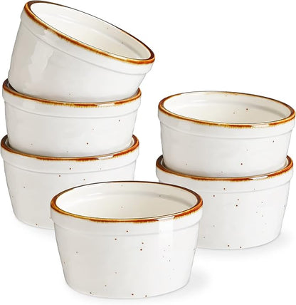 ONEMORE Ramekins 6 oz Oven Safe, Ceramic Souffle Dishes with Brown Rim, Speckled Baking Cups for Creme Brulee Pudding Custard Ice Cream Charcuterie Board Mini Bowls Set of 6 - Creamy White