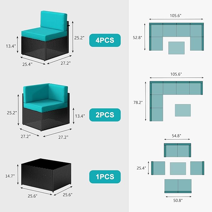 Kinsuite 7Pcs Patio Conversation Set - Wicker Backyard Furniture Outdoor Furniture with Cushions, All-Weather Couch Set with Coffee Table for Garden, Lawn, Deck, Turquoise