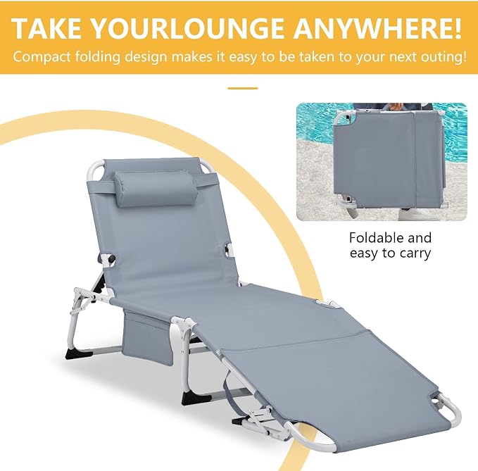 HRVEOCEI 3-in-1 Sun Tanning Chair with Face Hole,Adjustable 5-Position Folding Laying Out Chairs for Tanning,Outdoor Face Down Beach Lounger Sun Bathing Lounge Chair for Pool Deck Patio (Grey)