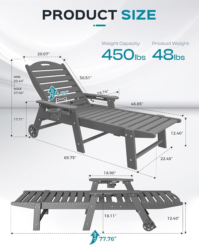 Ciokea Outdoor Chaise Lounge Chair Set of 2, Patio Lounge Chairs for Outside, HDPE Lounge Chairs with Wheels & Cup Holder, Poly Lounge Chair with 5 Position for Poolside, Deck, Dark Grey