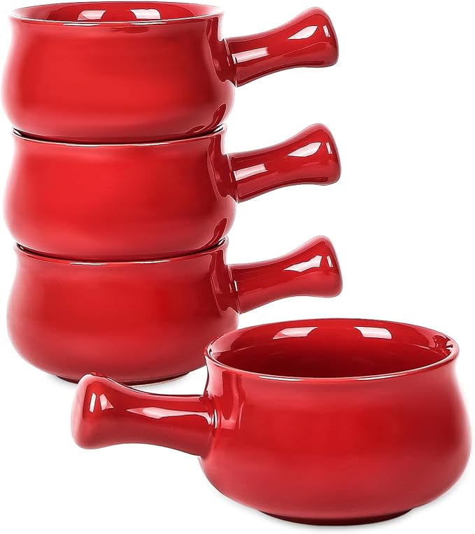 vicrays French Onion Soup Bowls With Handles, 26 Ounce for Soup, Chili, Beef Stew, Chip Resistant, Dishwasher Microwave Safe, Set of 4 (Red)