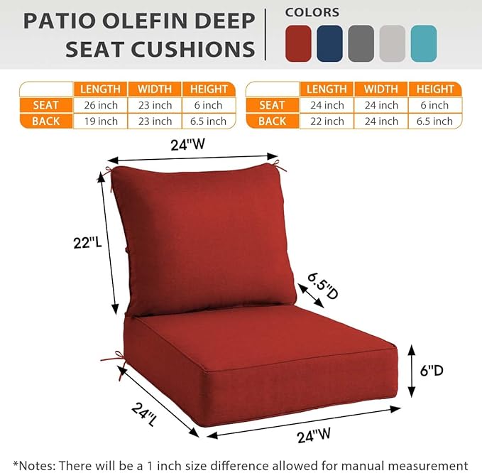 Sundale Outdoor Olefin Deep Seat Cushion Set of 2, Patio Chair Cushion and Pillow, Water-Resistant Sectional Sofa Pad with Straps Red, 24 x 24 x 6 Inches
