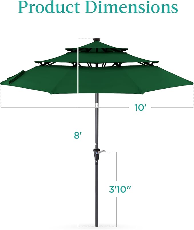 Best Choice Products 10ft 3-Tier Solar Patio Umbrella, Outdoor Market Sun Shade for Backyard, Deck, Poolside w/ 24 LED Lights, Tilt Adjustment, Easy Crank, 8 Ribs - Green