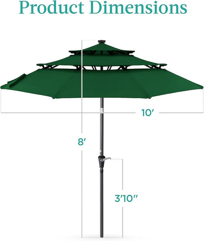 Best Choice Products 10ft 3-Tier Solar Patio Umbrella, Outdoor Market Sun Shade for Backyard, Deck, Poolside w/ 24 LED Lights, Tilt Adjustment, Easy Crank, 8 Ribs - Green