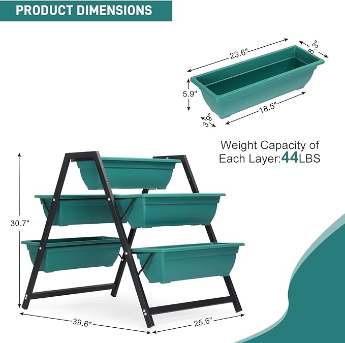 3 Tier Vertical Raised Garden Bed,Plastic & Metal Tiered Planter Stand,Foldable Indoor/Outdoor Plant Display Rack,Flower Planter Raised Stand,with 5 Boxes,for Patio Lawn Porch Yard Balcony (Green)