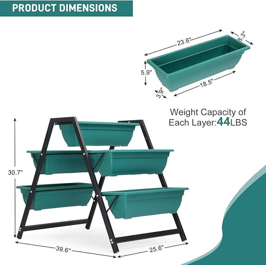 3 Tier Vertical Raised Garden Bed,Plastic & Metal Tiered Planter Stand,Foldable Indoor/Outdoor Plant Display Rack,Flower Planter Raised Stand,with 5 Boxes,for Patio Lawn Porch Yard Balcony (Green)