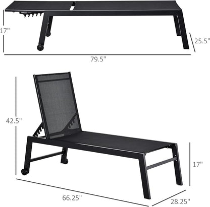 Outsunny Outdoor Chaise Lounge with Wheels, Five Position Recliner for Sunbathing, Suntanning, Steel Frame, Breathable Fabric for Beach, Yard, Patio, Black