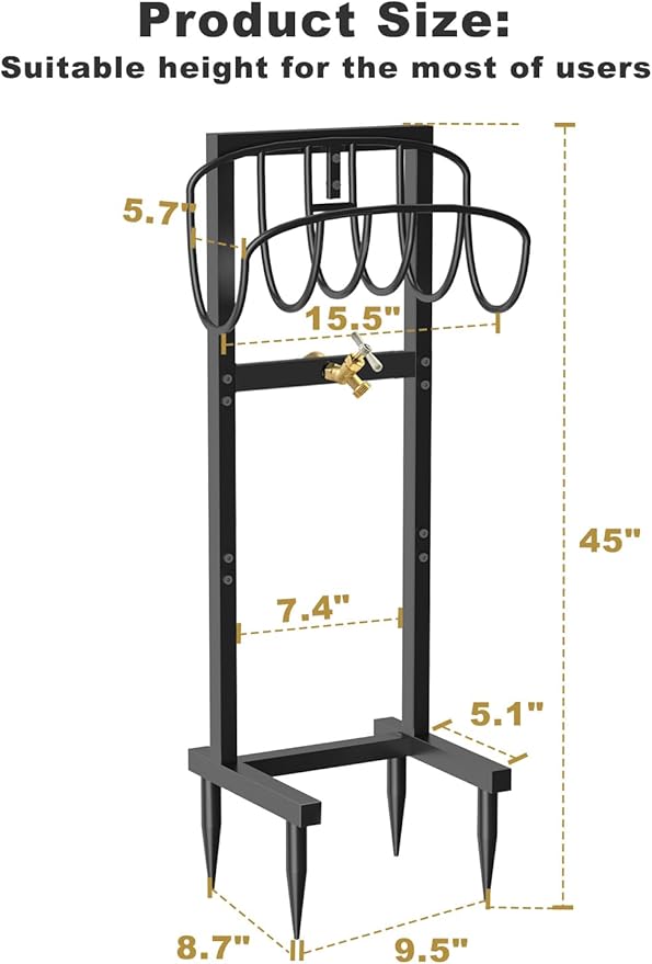 Artigarden Outdoor Garden Hose Holder Freestanding with Brass Faucet And 4 Spikes, Heavy Duty Metal Water Hose Reel Stand Hanger Rack Organizer Holds Storage 150ft Hose for Outside Yard Lawn, Black