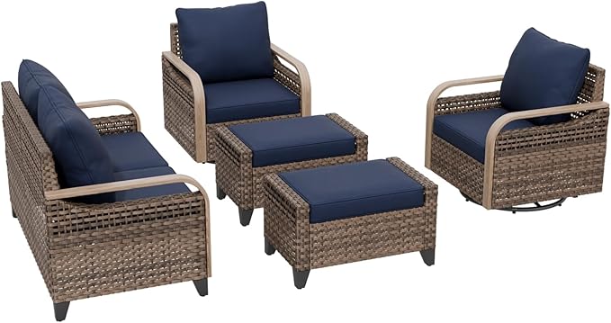 COOS BAY Modern Wicker Outdoor Furniture Set, Patio Conversation Set with Swivel Rockers, 2 Seat Loveseat, and Ottomans, 5 Piece, Brown/Blue