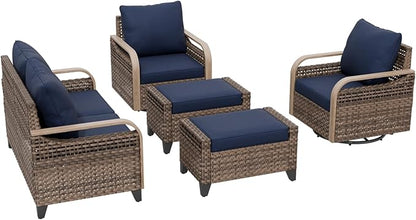 COOS BAY Modern Wicker Outdoor Furniture Set, Patio Conversation Set with Swivel Rockers, 2 Seat Loveseat, and Ottomans, 5 Piece, Brown/Blue