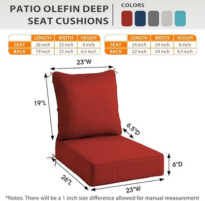 Sundale Outdoor Olefin Deep Seat Cushion Set of 2, Patio Chair Cushion and Pillow, Water-Resistant Sectional Sofa Pad with Straps Red, 23 x 26 x 6 Inches
