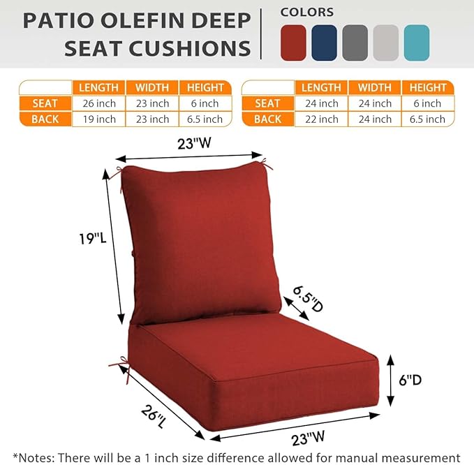 Sundale Outdoor Olefin Deep Seat Cushion, Patio Chair Cushion and Pillow, Water-Resistant Sectional Sofa Pad with Straps Red, 23 x 26 x 6 Inches