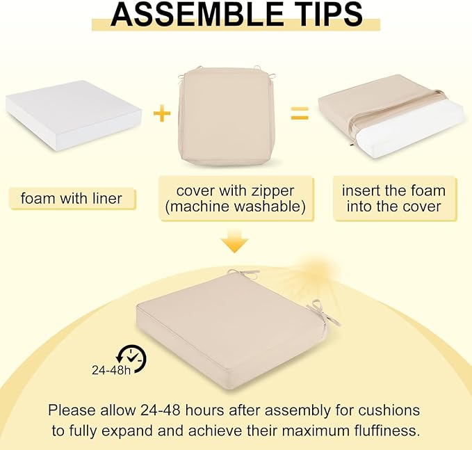 downluxe Waterproof Outdoor Chair Cushions Set of 2, 19" x 19" x 3" Patio Chair Cushion with Non-Slip Ties & Handle, Square Outdoor Cushion for Patio Furniture with Removable Cover, Beige