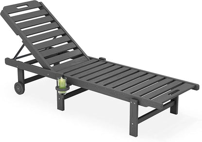 SERWALL Patio Chaise Lounge, HDPE Outdoor Lounge Chair with Cup Holder, 5 Positions Adjustable Poly Lounge Chair with Rolling Wheels for Poolside, Deck, Sunbathing, Grey