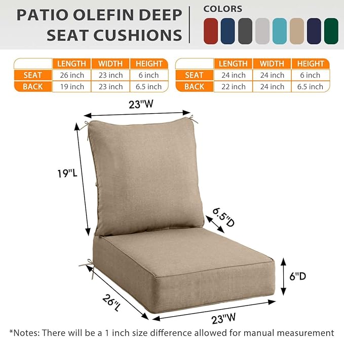 Sundale Outdoor Olefin Deep Seat Cushion Set of 2, Patio Chair Cushion and Pillow, Water-Resistant Sectional Sofa Pad with Straps Khaki, 23 x 26 x 6 Inches