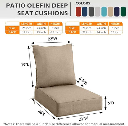 Sundale Outdoor Olefin Deep Seat Cushion Set of 2, Patio Chair Cushion and Pillow, Water-Resistant Sectional Sofa Pad with Straps Khaki, 23 x 26 x 6 Inches