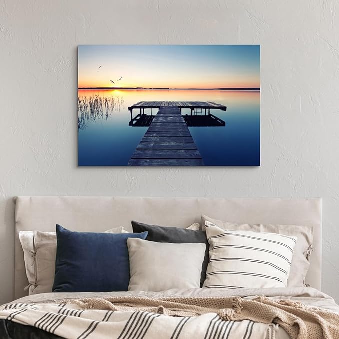 Hardy Gallery lake wall art pier picture: scenic nature canvas wall art lake scene artwork dock scenery wall decor painting - sunset landscape prints for bedroom house 36"x24"