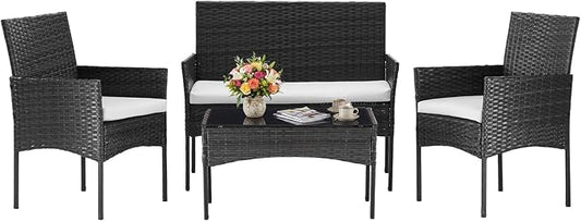 DUMOS 4 Piece Patio Furniture Set, All-Weather Outdoor Wicker Conversation Set with Removable Cushions & Tempered Glass Coffee Table, for Porch, Balcony, Lawn, Backyard Black