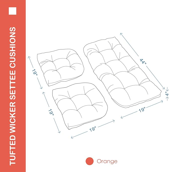 Outdoor/Indoor All Weather Tufted Wicker Chair Cushions of 3 Pieces, 1 Loveseat and 2 U-Shape Waterproof Cushions for Patio Furniture,Wicker Loveseat,Bench-Orange