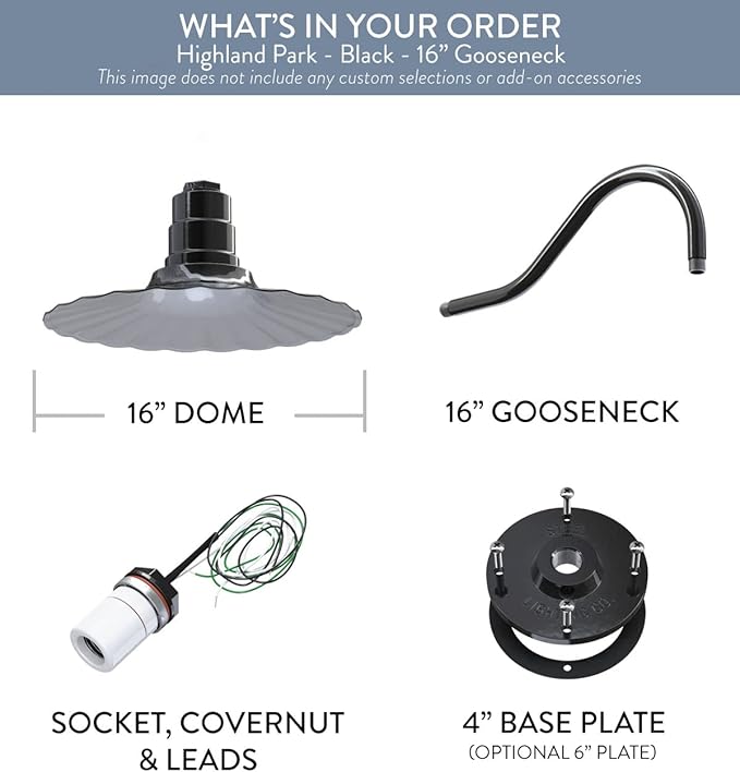 Steel Lighting Co. Highland Park Barn Light | Outdoor Wall Mounted | 16 inch Radial Wave | 16 inch Gooseneck | Vintage Style Made in America | Black Exterior/White Interior