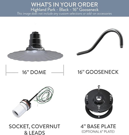 Steel Lighting Co. Highland Park Barn Light | Outdoor Wall Mounted | 16 inch Radial Wave | 16 inch Gooseneck | Vintage Style Made in America | Black Exterior/White Interior