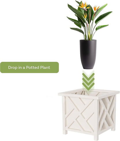Lattice Design Outdoor Planter Box - 14.75” Square 13” Tall White Plant Pot - Decorative Plant Pots for Front Porch Decor - Flower Pots Outdoor Planters for Porch Patio or Garden Decor by Pure Garden