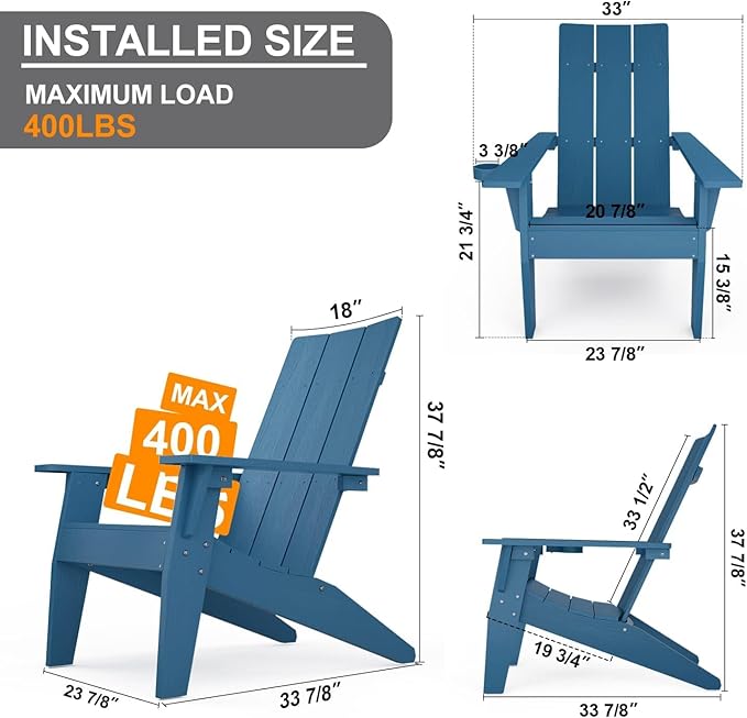 MXIMU Modern Adirondack Chairs Set of 8 Weather Resistant with Cup Holder Oversize Plastic Fire Pit Chairs Plastic Outdoor Chairs for Firepit Area Seating (Navy)