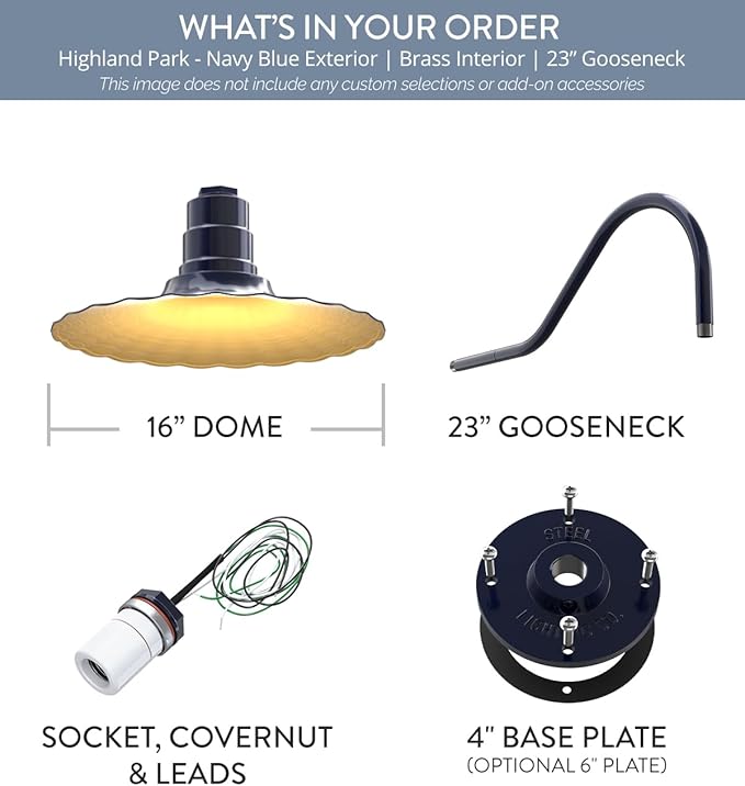 Steel Lighting Co. Highland Park Barn Light | Outdoor Wall Mounted | 16 inch Radial Wave | 23" Gooseneck | Vintage Style Made in America | Navy Blue Exterior/Brass Interior