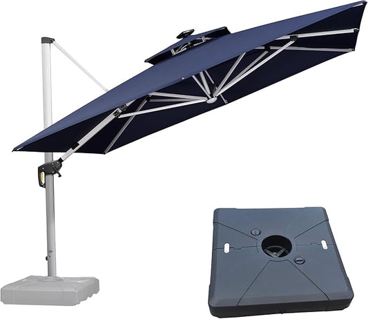 PURPLE LEAF 11 Feet Solar Powered LED Square Cantilever Umbrella With Base Patio Umbrellas Windproof Hanging Umbrella Outdoor Offset Umbrellas, Navy Blue
