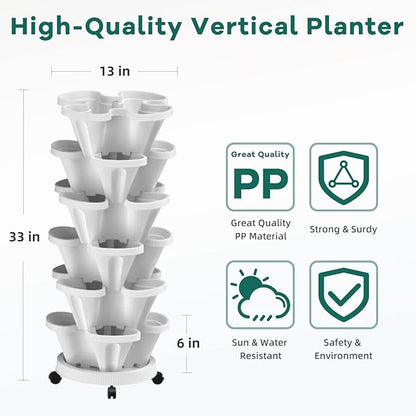 Strawberry Vertical Planter, Stacking Garden Tower, 6 Tiered Stackable Herb Vegetable Planters with Movable Casters and Bottom Saucer Indoor and Outdoor - Black