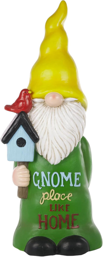 Alpine Corporation 24" Tall Outdoor Yellow Hat Place Like Home Gnome Statue Holding Bird House, Weatherproof Garden Decor